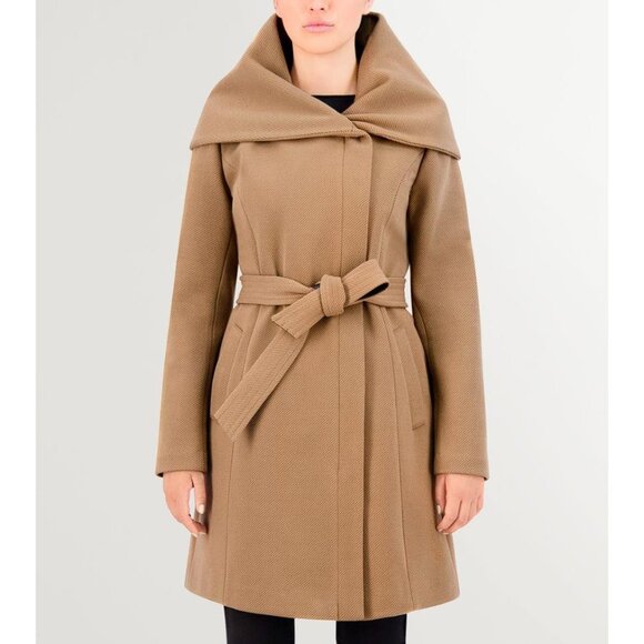 COLE HAAN Women's Belted Asymmetrical Zip Front Twill Coat Size 10 in Beige - Picture 1 of 10